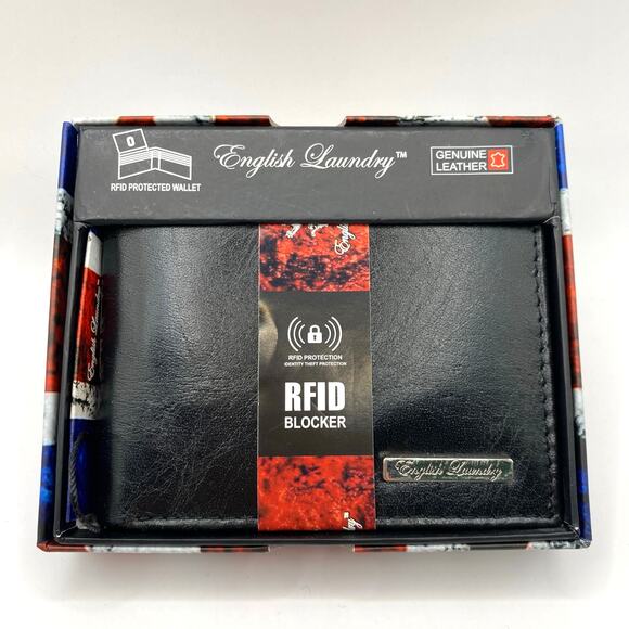 NIB English Laundry RFID Bifold Wallet Men Black Genuine Leather 2 Flip ID Slots - Picture 1 of 8
